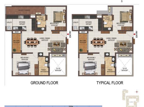 Casagrand Majestica - 2 bhk Unit No. B001, B101-401 Ground and Typical Floor Plan