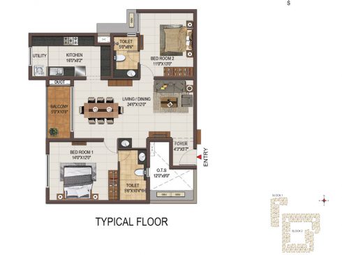 Casagrand Majestica - 2 bhk Unit no. B204-404 Typical Floor Plan