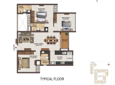 Casagrand Majestica - 3 bhk Unit no. C104-504 Typical Floor Plan