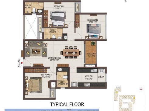 Casagrand Majestica - 3 bhk Unit no. A201-501, B109-509 Typical Floor Plan