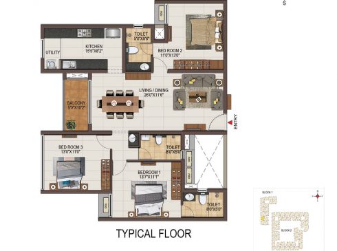 Casagrand Majestica - 3 bhk Unit no. A107-507 Typical Floor Plan