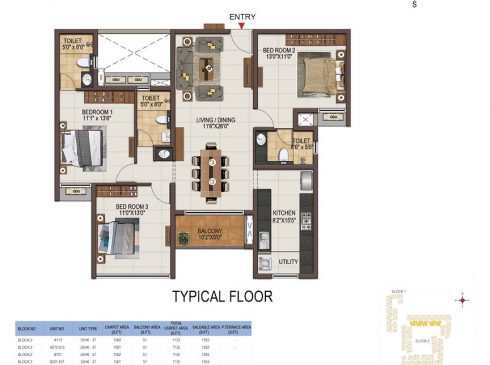Casagrand Majestica - 3 bhk Unit no. A113, A212-512 Typical Floor Plan