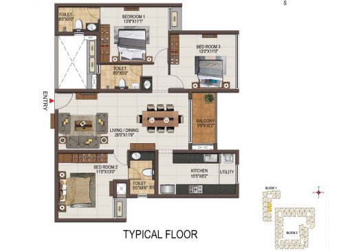 Casagrand Majestica - 3 bhk Unit no. A102, A202-502, A103-503 Typical Floor Plan