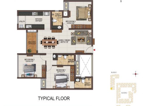 Casagrand Majestica - 3 bhk Unit no. A106-506 Typical Floor Plan