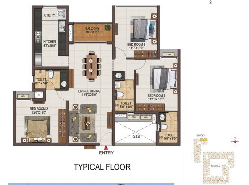 Casagrand Majestica - 3 bhk Unit no. A113-513, A114-514 Typical Floor Plan