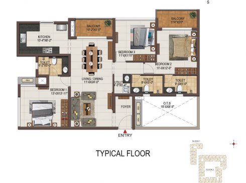 Casagrand Majestica - 3 bhk Unit no. B113-413 Typical Floor Plan