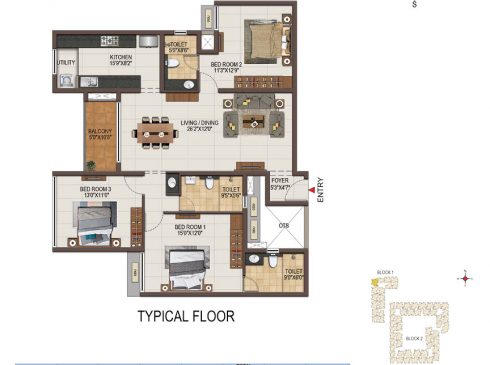 Casagrand Majestica - 3 bhk Unit no. A111-511 Typical Floor Plan