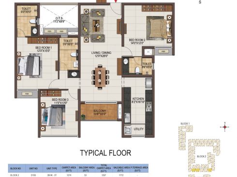 Casagrand Majestica - 3 bhk Unit no. D106, D202-506 Typical Floor Plan