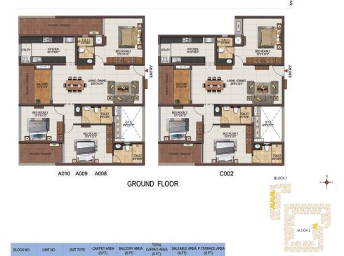 Casagrand Majestica - 3 bhk Unit no. A010, A009, A008, C002 Ground Floor Plan