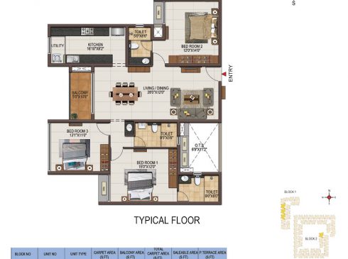Casagrand Majestica - 3 bhk Unit no. A109-509 Typical Floor Plan