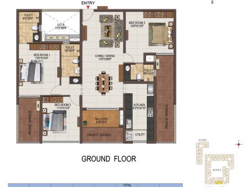 Casagrand Majestica - 3 bhk Unit no. E006, E005 Ground Floor Plan