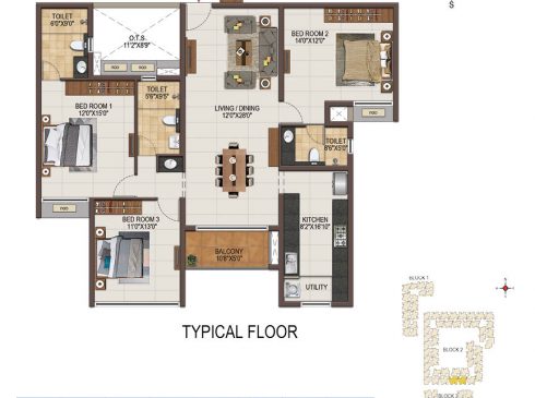 Casagrand Majestica - 3 bhk Unit no. E106-506, E105-505 Typical Floor Plan