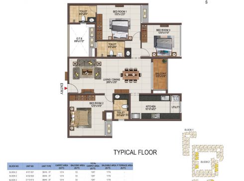 Casagrand Majestica - 3 bhk Unit no. A101-501, B107-407 Typical Floor Plan