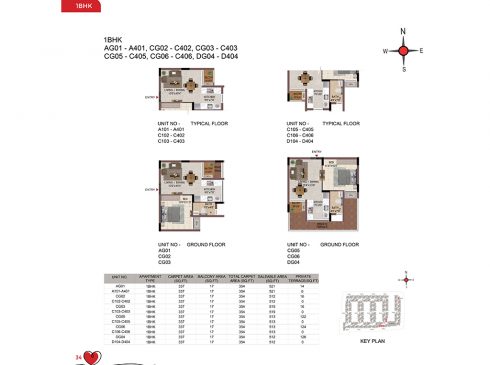 Casagrand Amor 1 BHK Ground & Typical Floor Plans - Unit No. AG01, CG02-CG06, and DG04