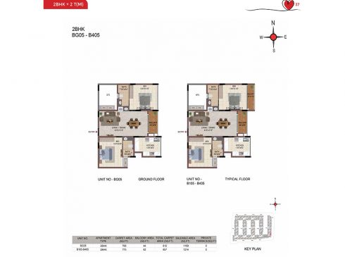 Casagrand Amor 2 BHK Ground & Typical Floor Plans - Unit No. BG05 - B405