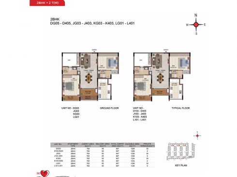 Casagrand Amor 2 BHK Ground & Typical Floor Plans - Unit No. DG05, JG03, KG03, and LG01