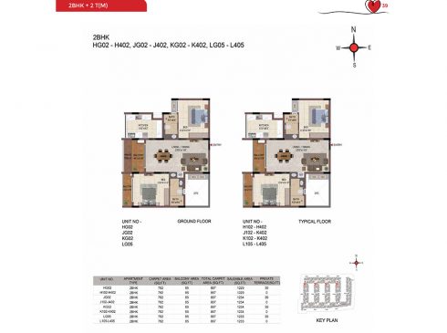 Casagrand Amor 2 BHK Ground & Typical Floor Plans - Unit No. HG02, JG02, KG02, and LG05