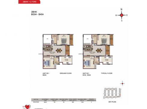 Casagrand Amor 2 BHK Ground & Typical Floor Plans - Unit No. BG04-B404