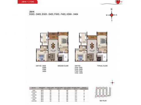 Casagrand Amor 2 BHK Ground & Typical Floor Plans - Unit No. DG03, EG03, FG03, and HG04