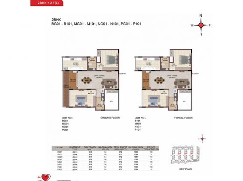 Casagrand Amor 2 BHK Ground & Typical Floor Plans - Unit No. BG01, MG01, NG01, and PG01
