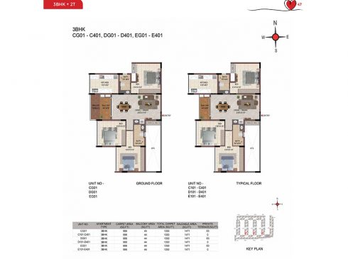 Casagrand Amor 3 BHK Ground & Typical Floor Plans - Unit No.CG01, DG01, and EG01