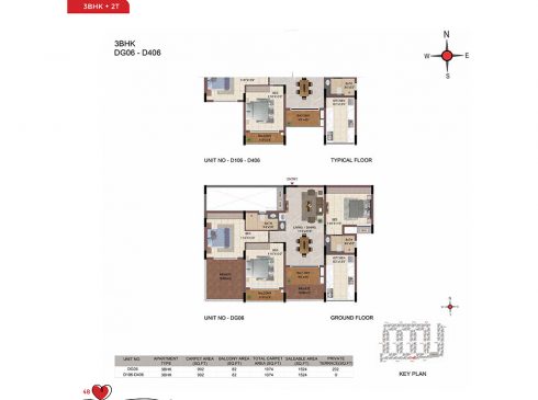 Casagrand Amor 3 BHK Ground & Typical Floor Plans - Unit No.DG06-D406