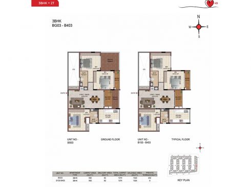Casagrand Amor 3 BHK Ground & Typical Floor Plans - Unit No.BG03-B403