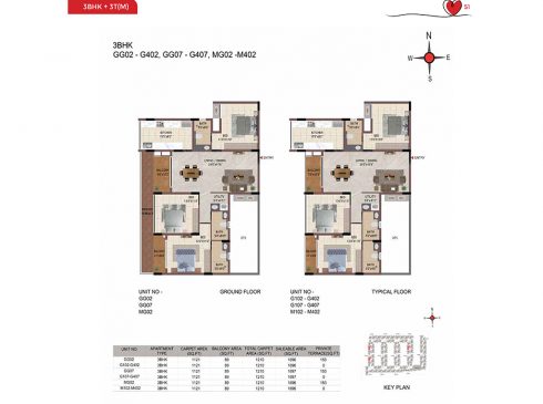Casagrand Amor 3 BHK Ground & Typical Floor Plans - Unit No.GG02, GG07, and MG02