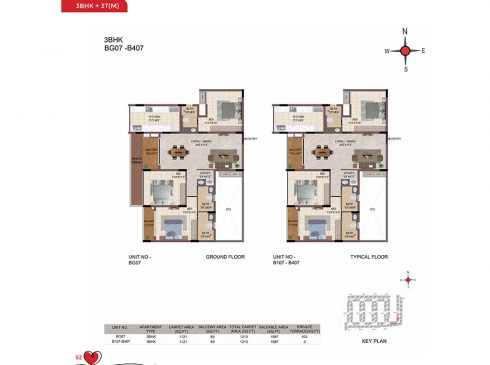 Casagrand Amor 3 BHK Ground & Typical Floor Plans - Unit No.BG07-B407
