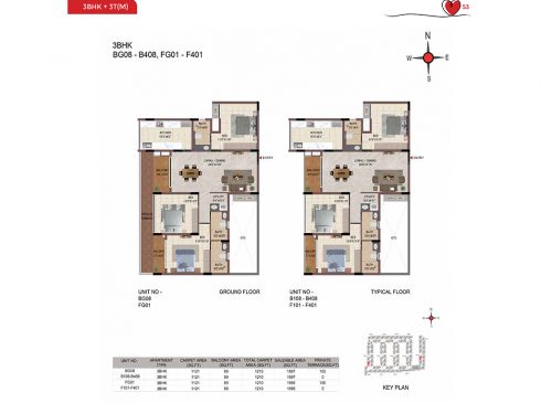 Casagrand Amor 3 BHK Ground & Typical Floor Plans - Unit No.BG08 and FG01