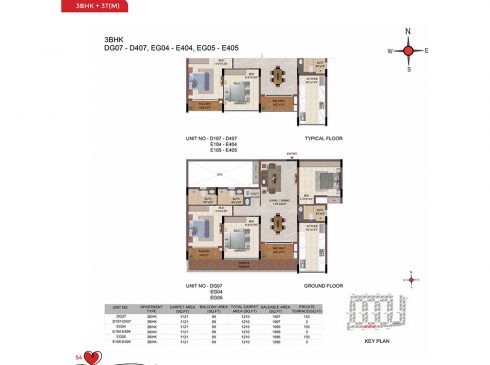 Casagrand Amor 3 BHK Ground & Typical Floor Plans - Unit No.DG07, EG04, and EG05