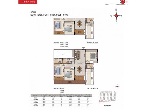 Casagrand Amor 3 BHK Ground & Typical Floor Plans - Unit No.EG06, FG04 and FG05