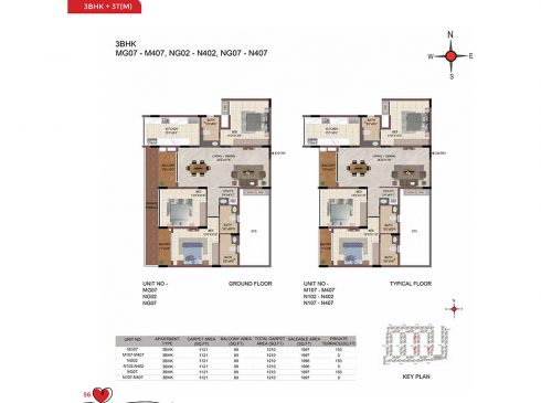 Casagrand Amor 3 BHK Ground & Typical Floor Plans - Unit No.MG07, NG02, and NG07