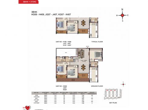 Casagrand Amor 3 BHK Ground & Typical Floor Plans - Unit No.HG06, JG07, and KG07
