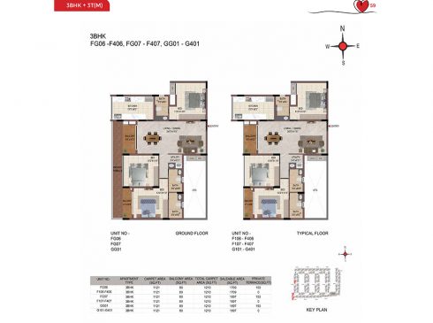 Casagrand Amor 3 BHK Ground & Typical Floor Plans - Unit No.FG06, FG07, and GG01