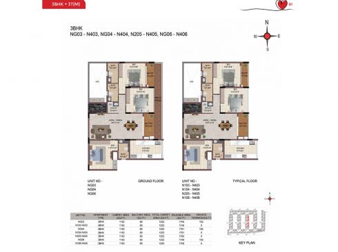 Casagrand Amor 3 BHK Ground & Typical Floor Plans - Unit No.NG03, NG04, N205, and NG06