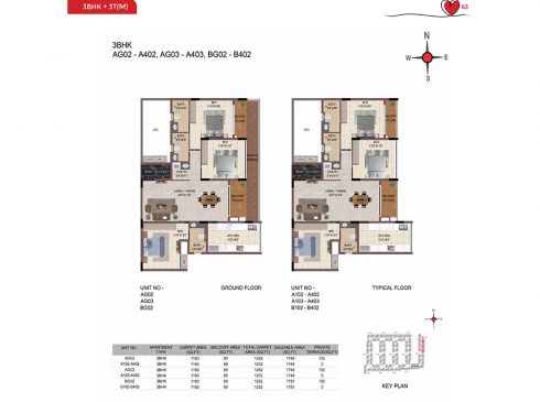 Casagrand Amor 3 BHK Ground & Typical Floor Plans - Unit No.AG02, AG03, and BG02