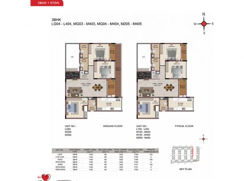 Casagrand Amor 3 BHK Ground & Typical Floor Plans - Unit No.LG04, MG03, MG04, and M205