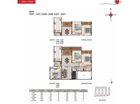 Casagrand Amor 3 BHK Ground & Typical Floor Plans - Unit No.CG07, DG08, and EG07