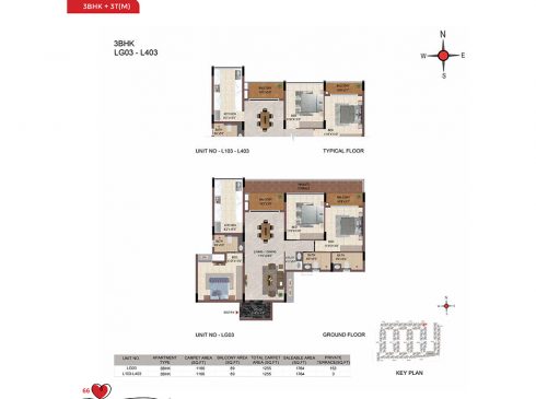 Casagrand Amor 3 BHK Ground & Typical Floor Plans - Unit No. LG03 - L403