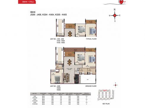 Casagrand Amor 3 BHK Ground & Typical Floor Plans - Unit No. JG06, KG04 and KG05