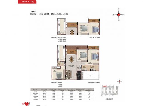 Casagrand Amor 3 BHK Ground & Typical Floor Plans - Unit No. HG05, JG04 and JG05