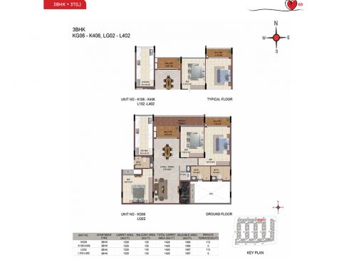 Casagrand Amor 3 BHK Ground & Typical Floor Plans - Unit No. KG06-K406, and LG02-L402