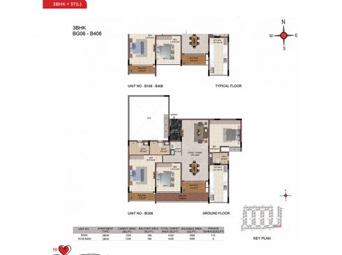 Casagrand Amor 3 BHK Ground & Typical Floor Plans - Unit No.BG06-B406