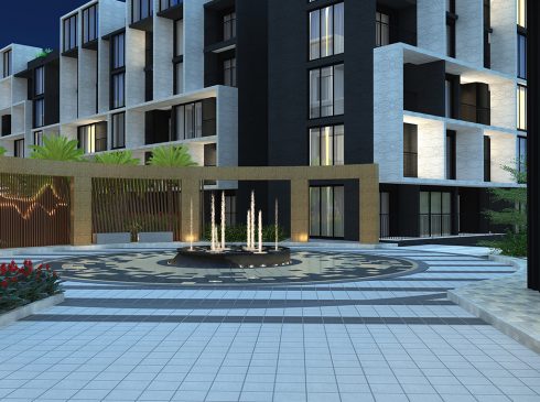 Night View of Casagrand Amor Entrance with Water Fountain