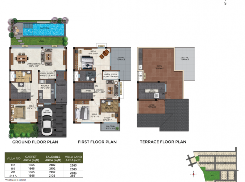 Casagrand Selenia 3 BHK Villa No. 137,169,201,214A Ground Floor First Floor and Terrace Plan