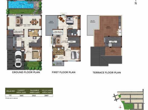 Casagrand Selenia 3 BHK Villa No. 182 Ground Floor First Floor and Terrace Plan