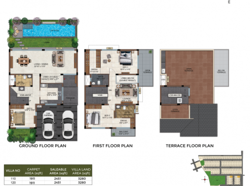 Casagrand Selenia 3 BHK Villa No. 110,120 Ground Floor First Floor and Terrace Plan