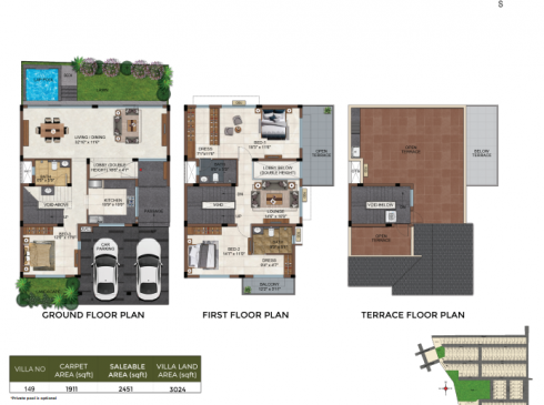 Casagrand Selenia 3 BHK Villa No. 149 Ground Floor First Floor and Terrace Plan
