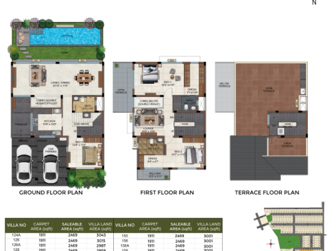 Casagrand Selenia 3 BHK Villa No. 124A,126,164,196A Ground Floor First Floor and Terrace Plan